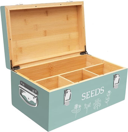 Large Bamboo Wood Seed Storage Organizer Box with Lid, Double-Layer Seal Design Seed Saving Box with 304 Stainless Steel Safety Lock, Handles, Extra Seed Envelopes and Labels, Great Gifts for Gardener