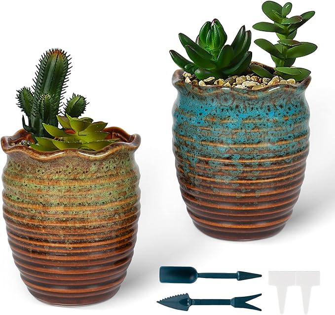 2 Pack Ceramic Plant Pots - Flower Pots with Drainage Hole Classical Old Pile Pots for Outdoor/Indoor Plants, Flowers, Succulents, Cactus (4.5 Inch)