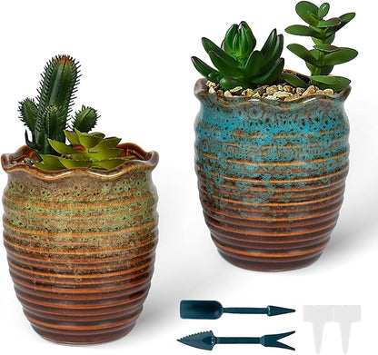 2 Pack Ceramic Plant Pots - Flower Pots with Drainage Hole Classical Old Pile Pots for Outdoor/Indoor Plants, Flowers, Succulents, Cactus (4.5 Inch)