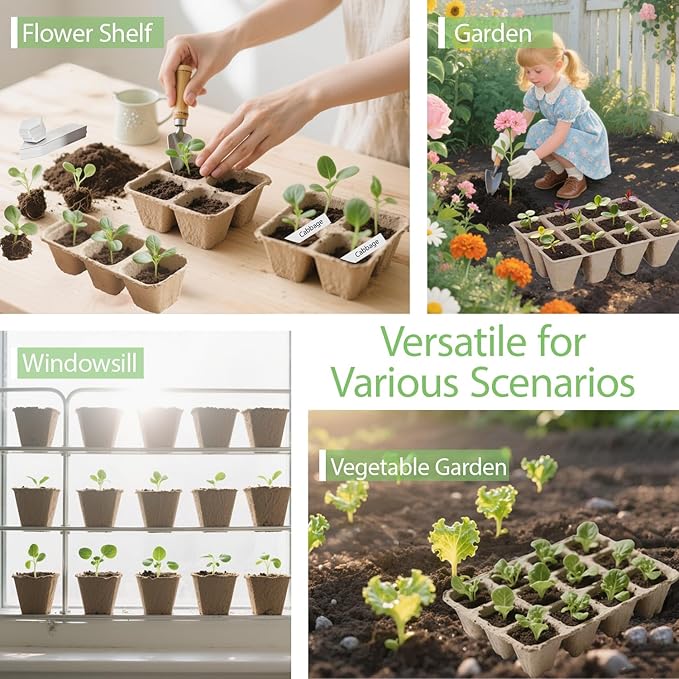 10-Pack Seed Starter Trays – Peat Pots for Seedlings, 120 Biodegradable Seed Starter Pots, Seed Starting Kit with 120 Plant Labels (Large)