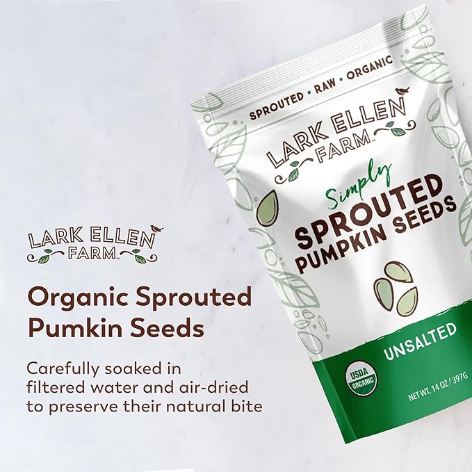Lark Ellen Farm Sprouted Organic Pumpkin Seeds – Raw, Unsalted, Air-Dried Pepitas for Snacking, Salads, Trail Mix – USDA Organic, Non-GMO, Vegan, Gluten-Free, Resealable Bag (14 oz, 6-Pack)