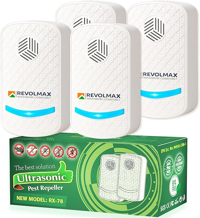 RX-78, Ultrasonic Pest Control Repeller - Electronic & Ultrasound, Indoor Plug-in Repellent - Get rid of - Rodents, Mice, Squirrels, Bats, Insects, Bed Bugs, Ants, Fleas, Spiders, Roaches (4Pack)