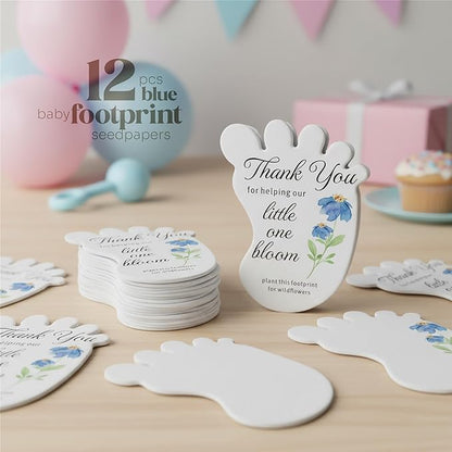 Footprint-Shaped Seed Paper – 12 pcs Blue Shower Favors for Guests with Wildflower Seeds, Writable & Plantable, Gender Reveal, Birthday Gifts for Guest