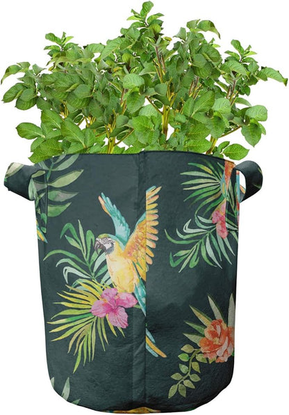 Lunarable Tropical Animals Grow Bags 5-Pack, Parrots and Flower, Heavyduty Fabric Pots with Handles for Plants, Green Yellow