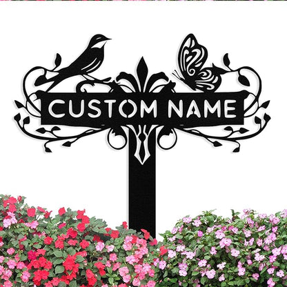 Custom Metal Garden Sign with Stake, Personalized Bird & Butterfly Garden Signs for Outside, Customized Garden Name Signs for Yard Lawn Outdoor Decor Gardening Gifts for Moms Grandmas Gardeners