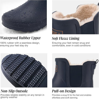 HISEA Women's Plush Rain Boots Waterproof, Chelsea Rubber Booties Women, Ladies Ankle Snow Boots for Winter Spring Garden Outdoor