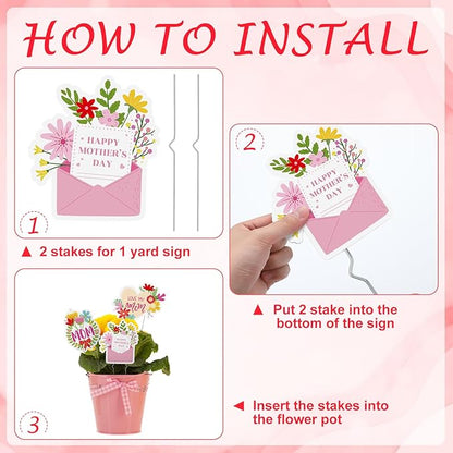 Weysat 6 Pcs Mother's Day Plant Stakes Flower Pots Signs Metal Garden Stakes Outdoor Decorative I Love You Mom Heart Flowers for Home Outdoor Lawn Decor Mothers Day Party Supplies