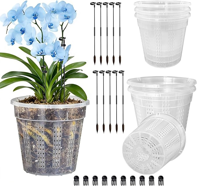 Orchid Pots, 6 Pack 5.5" Orchid Pots with Holes and 10Pcs Plant Stakes, Clear Plastic Plant Pot for Indoor Outdoor Plants(6 Pack 5.5")