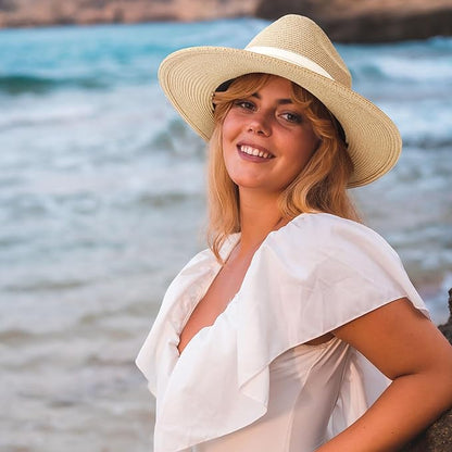 DRESHOW Women Straw Panama Hat Travel Fedora Beach Sun Hat Summer Wide Brim Straw Roll up Hat UPF 50+