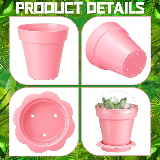 36 Packs Cupcake Plant Nursery Pots with Humidity Dome Small Flower Pots Plastic Planting Containers Cups with Saucers and Shovel for Indoor Outdoor Plant Succulent Display (Pink)