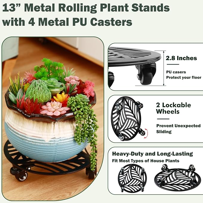 3 Packs Large Metal Plant Caddy with Wheels 13 Inches Heavy-duty Wrought Iron Rolling Plant Stands with Casters Indoor Outdoor Planter Roller Base Plant Movers Black, Strong Load Capacity