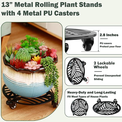 3 Packs Large Metal Plant Caddy with Wheels 13 Inches Heavy-duty Wrought Iron Rolling Plant Stands with Casters Indoor Outdoor Planter Roller Base Plant Movers Black, Strong Load Capacity