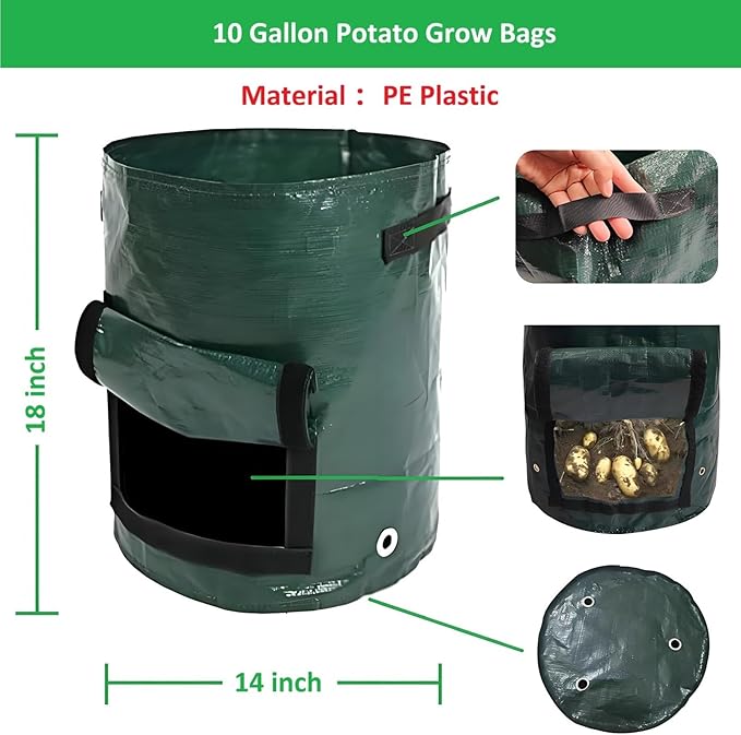 Potato Grow Bags,(5 Pack 10 Gallon) Garden Vegetables Growing Planter with Handles and Access Flap for Planting Potato Carrot Onion Taro Radish Peanut, (Dark Green)