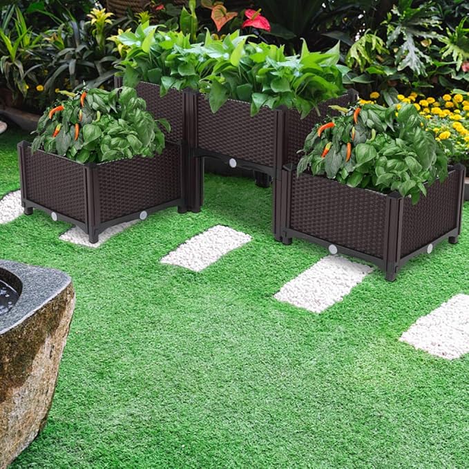 Raised Garden Beds, Planter Box, Self-Watering Plastic Planter for Indoor Outdoor Vegetables, Fruits, Potato, Flowers (4 Pcs)