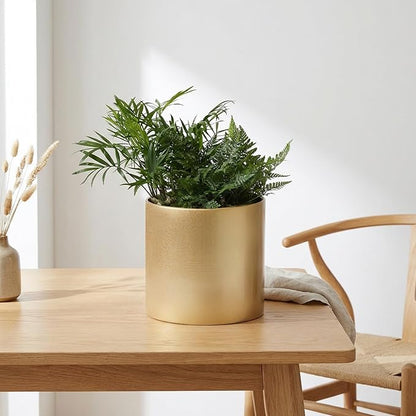 Metal Plant Pot with Drainage Hole,Mid Century Modern 7 inch Round Pot Indoor Outdoor Planters for Decorative Pots of Tabletop Living Room Bedroom Gold
