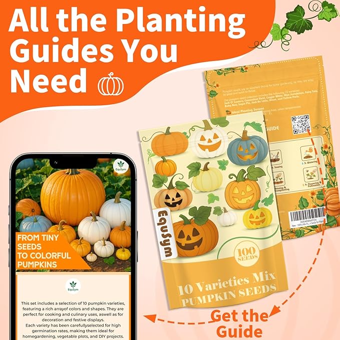 10 Variety Mix Pumpkin Seeds for Planting - 100 Heirloom Seeds, Baby Boo, Blue Jarrahdale, Jack Be Little, Jack O Lantern, Sugar Pie, Yellow Paris for Summer & Fall, Non GMO Pumpkin Seed
