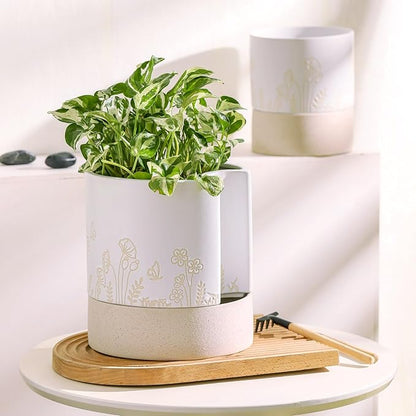 Nihow Self Watering Plant Pot: 8 Inch Ceramic Planter with Drainage Hole & Water Storage Plus for Indoor & Outdoor Plants - Cylinder Round Flower Pot for Succulent/Herbs/Violets - Nature & White