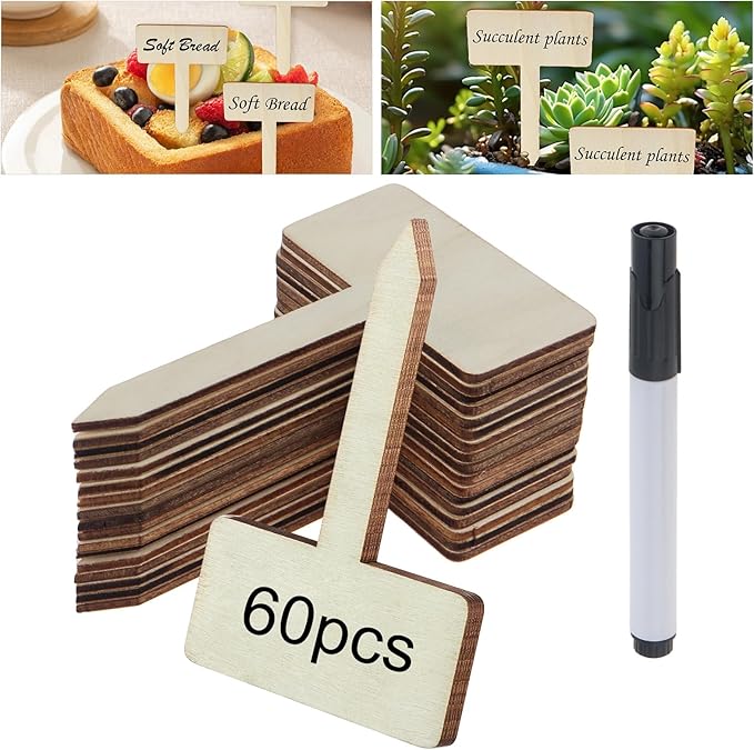Plant Labels, 60 Pcs Plant Tags Garden Markers, Wooden T-Type Plant Name Stakes for Seed Potted Herbs Flowers Vegetables with Marker Pen, 4.1 x 2.5 inch