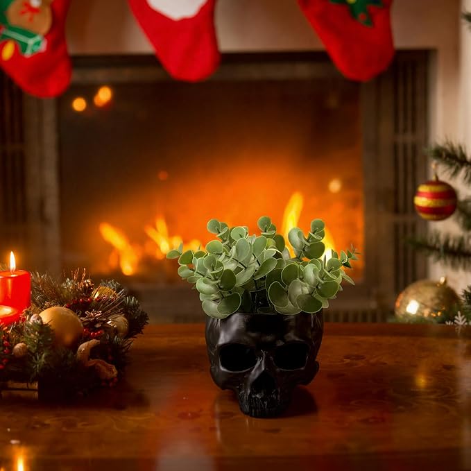 2 Pack Hanging Skull Planter Pot with Ropes Gothic Skeleton Plant Pot Skull Candy Bowl for Succulent Plants Flowers Horror Head Wall Decoration