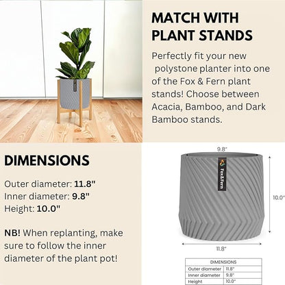 Fox & Fern Large 12 Inch Planter — Premium Polystone Gray Plant Pot with 3D Texture and Drainage Plug - 12 Inch Pots for Plants Indoor - Large Planter for Indoor & Outdoor Plants