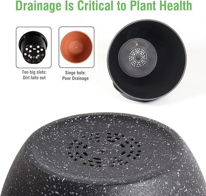 12/10/9 Large Modern Plant Pots, Plastic Planters with Drainage Holes and Saucers for Indoor Outdoor Plants Flowers, Black Speckles