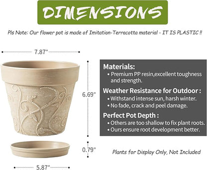 Melphoe Plant Pots Indoor with Drainage & Saucer, 2Pack 8 inch Flower Pots Outdoor Planters for Indoor Plants Garden Home Decor Cactus Succulent, Rigid Plastic (Imitation-Terracotta) Vine-Embossed