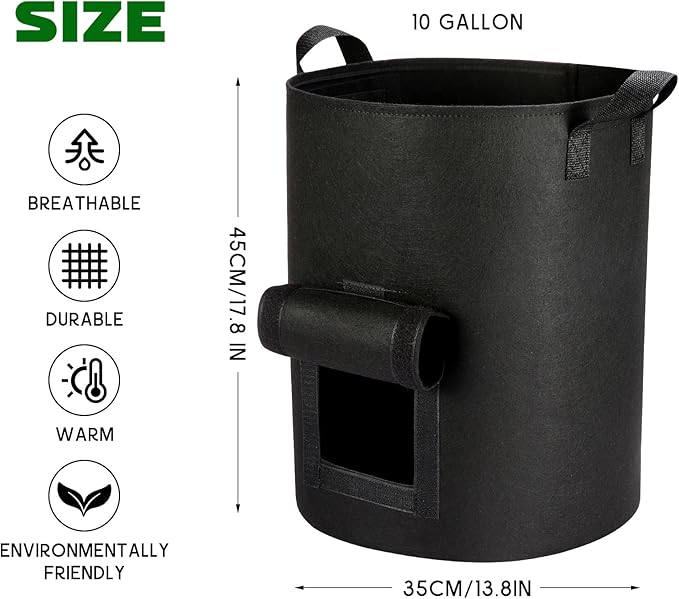 6-Pack 10 Gallon Potato Grow Bags Heavy Duty Thickened Nonwoven Fabric Pots with Handles,Black