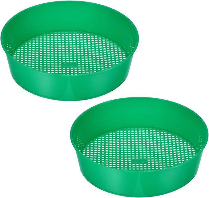 MECCANIXITY Garden Sifting Pan, Round Potting Sieve Plastic Mesh Filter Soil Screen Gardening Tool for Garden Yard, Green 2 Pack