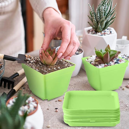 Amyhill 4 Inch Flower Pots Square Plants Nursery Pot Plastic Plant Seedling Pots Nursery Transplanting Planter Container with Saucer for Indoor Herbs Succulent Balcony Garden(Green,100 Pcs)