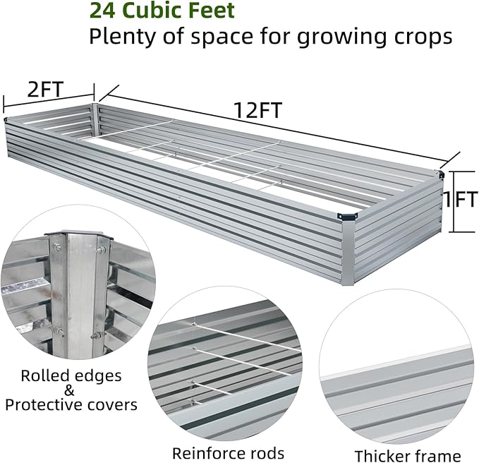 2 Pack 12x2x1FT Galvanized Raised Garden Bed Kit, Outdoor Metal Planter Box for Vegetables, Bottomless Rectangular Gardening Bed with Support Rods, Tool-Free Assembly, Silver