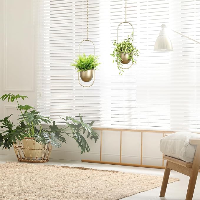 Boho Hanging Planter for Indoor Plants - Set of 2 Gold Metal Wall Planter 5.7Inch with Hooks and Chins, Plant Hanger Decor for Window and Patio - Suitable for Hanging Plants Decor