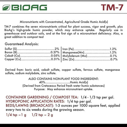 BioAg TM7 Organic Humic Acid Soil Conditioner Plus Essential Micronutrients, Dry Amendment for All Plants, S B Co Cu Fe Mn Mo Zn (300 Grams)