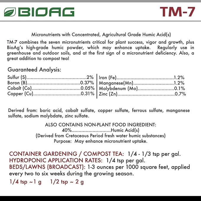 BioAg TM7 Organic Humic Acid Soil Conditioner Plus Essential Micronutrients, Dry Amendment for All Plants, S B Co Cu Fe Mn Mo Zn (100 Grams)
