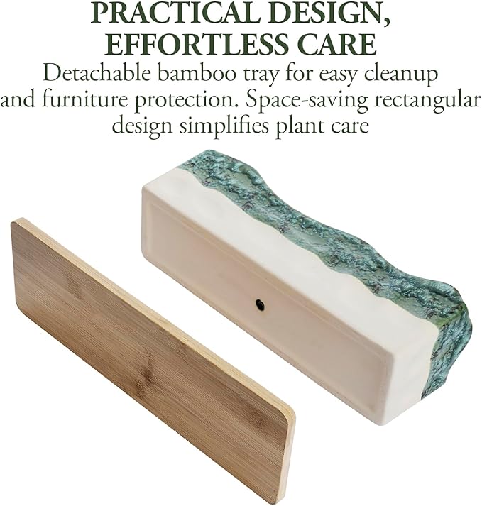 MyGift 13 Inch Large Rectangular Succulent Planter, Decorative Seafoam Green Glazed Beige Ceramic Indoor Plant Container Pot with Removable Bamboo Tray