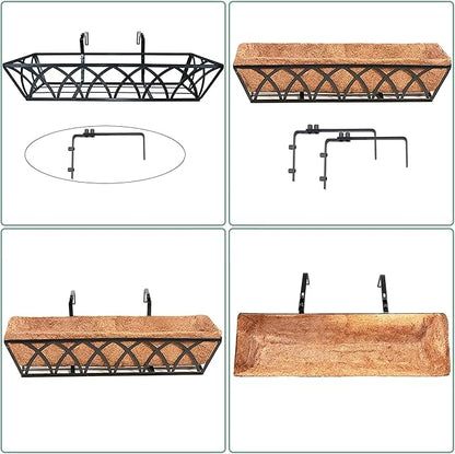 6pcs 24 Inch Window Deck with Coco Liner, 24" Window Boxes Horse Trough with Coconut Coir Liner, Metal Hanging Flower Planter Window Basket Deck Railing Planter Boxes for Outdoor Indoor Lawn