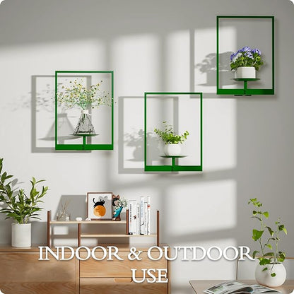 Green Metal Wall Plant Holder - 3-Pack Wall Mounted Plant Stands and Hanging Holders for Indoor Planter and Flower Pot -Rectangle Decor Shelf for Plant Storage (Pot Not Included)
