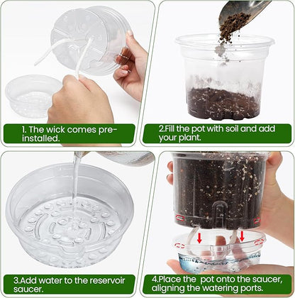 MIXC 12 Packs 6.5 Inch Self Watering Pots for Indoor Plants - Clear Nursery Plant Pots with Drainage, Deep Visible Reservoir - Flower Planter Outdoor with Wicking Rope