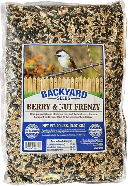 CountryMax Backyard Seeds Berries 'n Nut Blend Bird Seed Mix 20lbs - Premium Seeds, Nuts & Cranberries, Medium Bag of Wild Bird Food