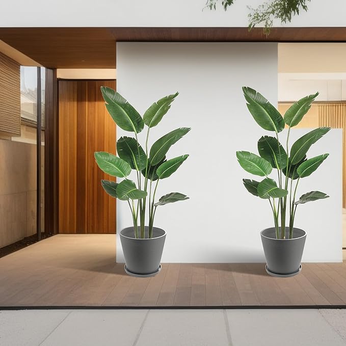 Kozyard 2Packs Round Planter Indoor Outdoor Plant Pots with Tray Collecting Water for Porch, Patio, Backyard Planters Modern Décor for Tall Plants, Flowers