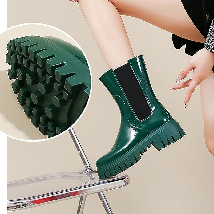 Women'S Waterproof Lug Sole Rain Boots Fashion Elastic Slip On Comfortable Platform Chunky Heel Chelsea Ankle Boots Casual Outdoor Non-Slip Rubber Garden Booties