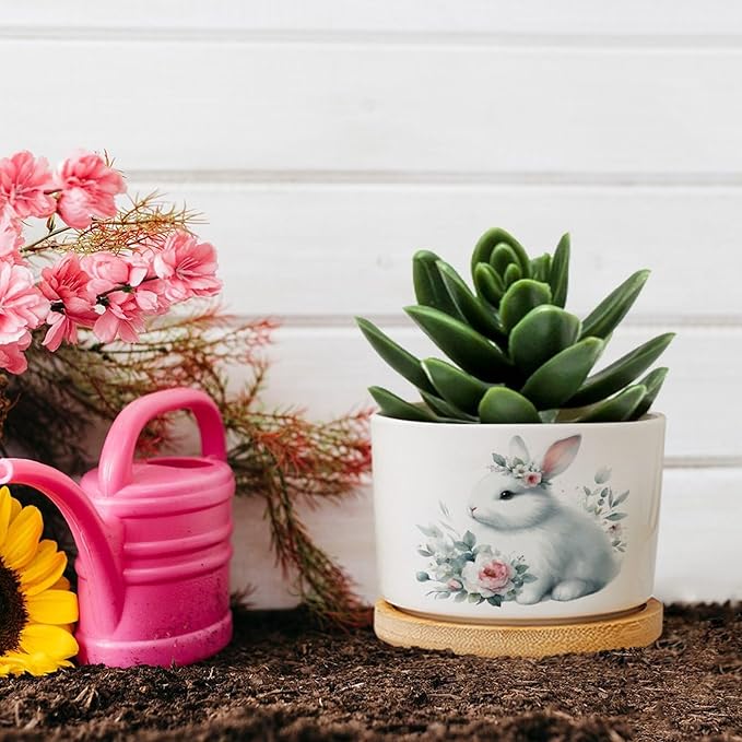 DreamAutumn Cute Easter Bunny Rabbit Ceramic Flower Pots,Gardening Plant Pot with Drainage Holes and Saucers Round Ceramic Pots for Indoor Plants Succulent Herbs Cactus Pots for Dad Papa Grandpa