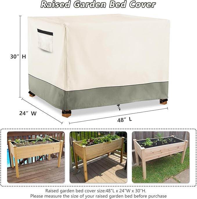 Outdoor Raised Garden Bed Cover,Heavy Duty 600D Waterproof Elevated Wood Planter Box Stand Cover for Winter,48"L x 24"Wx 30"H Inch(Beige & Green,Covers Only)