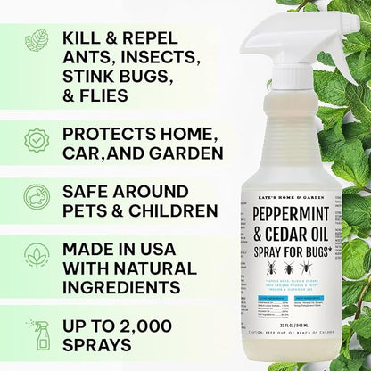 Kate's Home & Garden Peppermint Oil Spray for Bugs, Ants, Insects, Spiders, Roaches, Stink Bug. Pesticide and Insecticide Indoor Repellent Pest Control with Cedar Oil (32oz, Natural, Non Toxic)