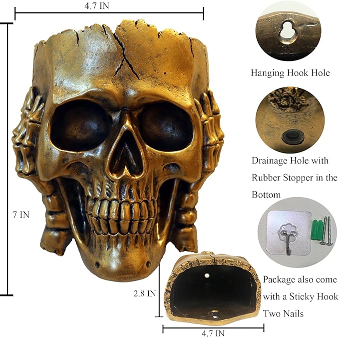 Skull Fence Planter for Outdoor Plants, Spooky Skull Wall Planters for Indoor Outdoor Décor, Unique Modern Gothic Hanging Face Plant Pot Gold Head Vase with Drainage