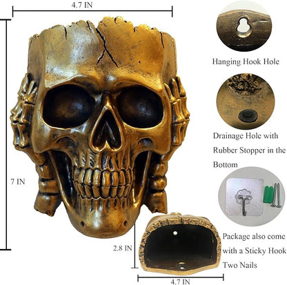 Skull Fence Planter for Outdoor Plants, Spooky Skull Wall Planters for Indoor Outdoor Décor, Unique Modern Gothic Hanging Face Plant Pot Gold Head Vase with Drainage