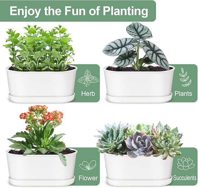 Set of 4 White Oval Window Sill Planters with Drainage Holes and Trays（7 Inch） for Herbs Basil Orchids Succulents, Modern Herb Garden Planter for Indoor/Outdoor Plants