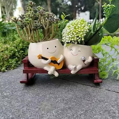 Smiley Face Planter Pot, Cute Funny Heart Rocking Chair Double Head Face Planter Pot with Unique Guitar and Microphone for Indoor Outdoor, Succulent Flower Pots with Drainage Hole ﻿