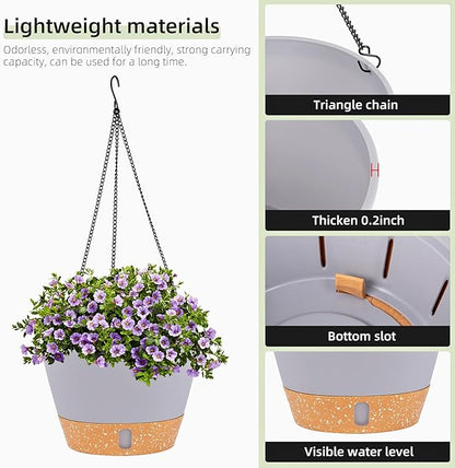 QCQHDU 2 Pack 10 Inch Hanging Planters for Indoor Outdoor Plants, Hanging Baskets Flower Pots with Reservoir Tray & Visible Water-Level