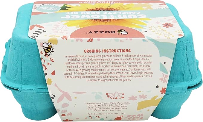 Buzzy Seeds Flower Starter Kit | 2-Pack Eco-Friendly Colorful Egg Cartons | Sunflower & Daisy Seeds | Indoor Flower Grow Kit | Gardening Gift | Ideal for Easter or Mother's Day Gifting