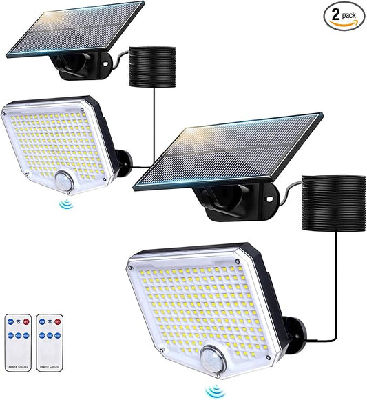 153 LED Solar Wall Lights, 180°Beam Angle Solar Security Lights Outdoor, Motion Sensor Lights Outside with Remote, Waterproof Flood Light for Porch, Patio,Yard,Garage,2 Pack